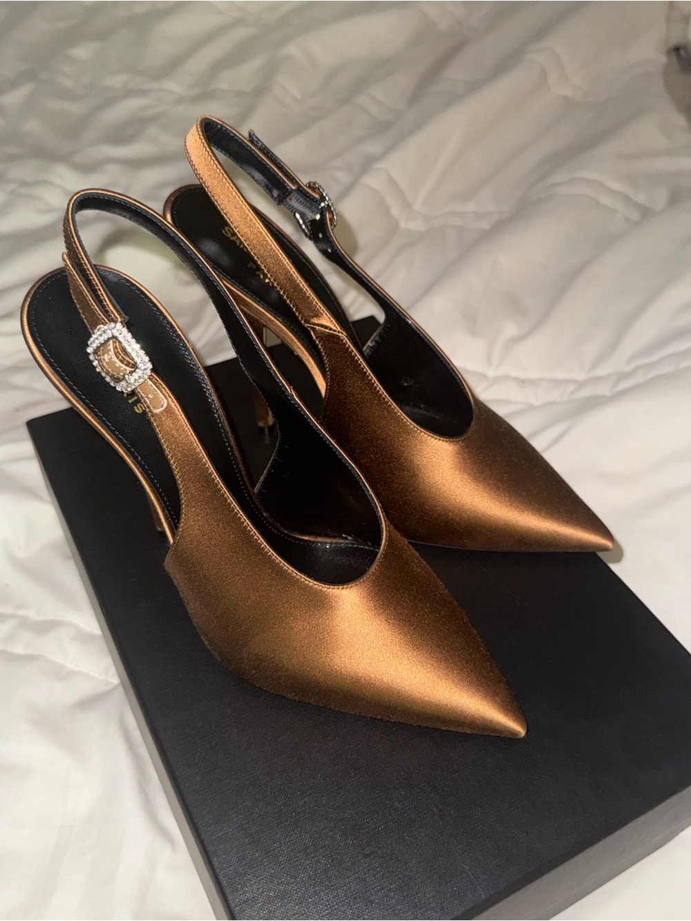 Saint Laurent Bronze Satin Pointed Slingback Heels